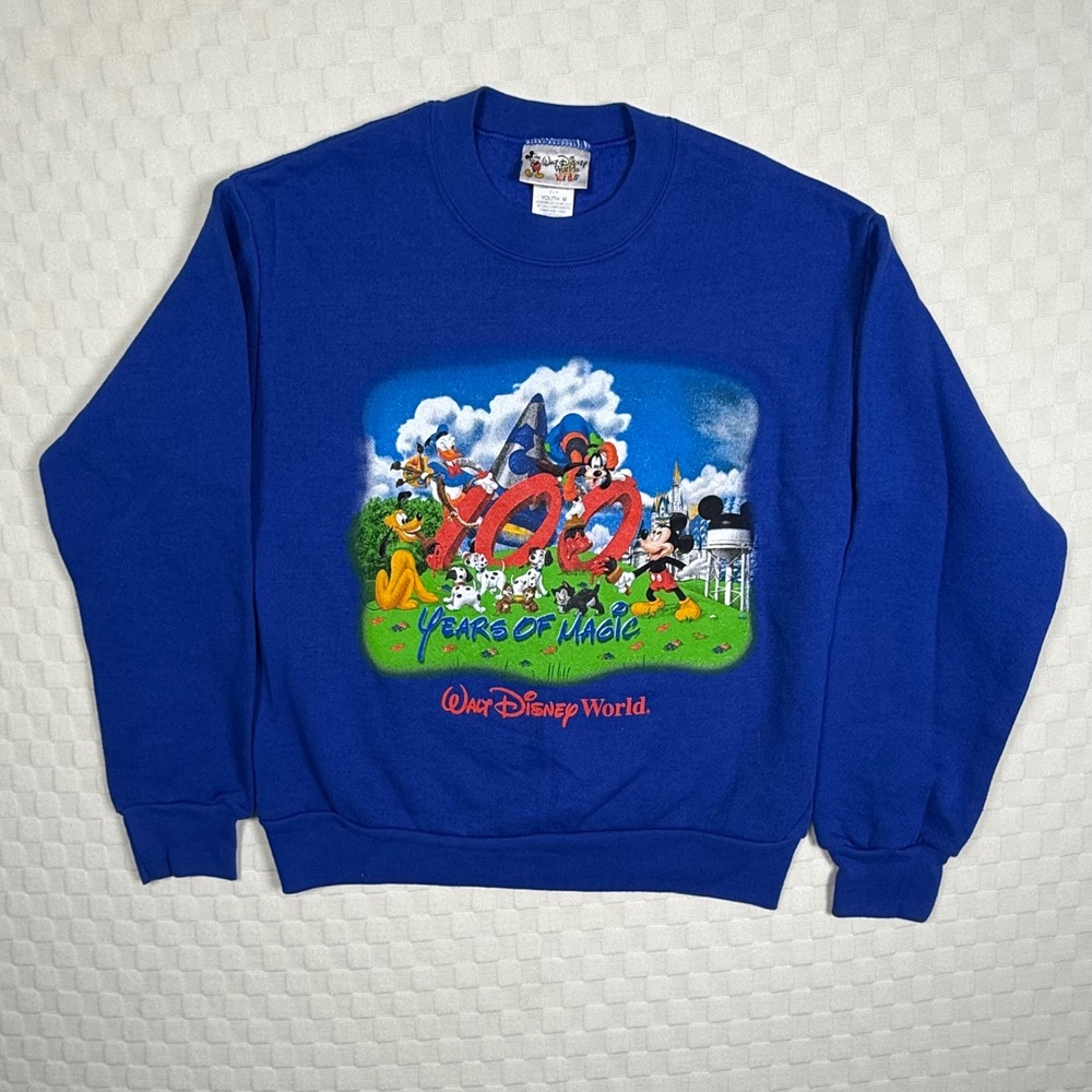 Vintage Vtg Disney World Kids Sweatshirt 100 Years of Magic Graphic Blue Youth M